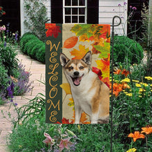 Load image into Gallery viewer, KafePross - Welcome Fall Norwegian Lundehund Playing in the Maple Leaf Autumn Garden House Flag
