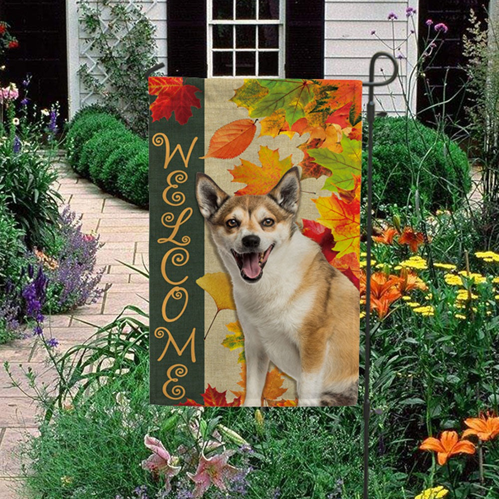 KafePross - Welcome Fall Norwegian Lundehund Playing in the Maple Leaf Autumn Garden House Flag