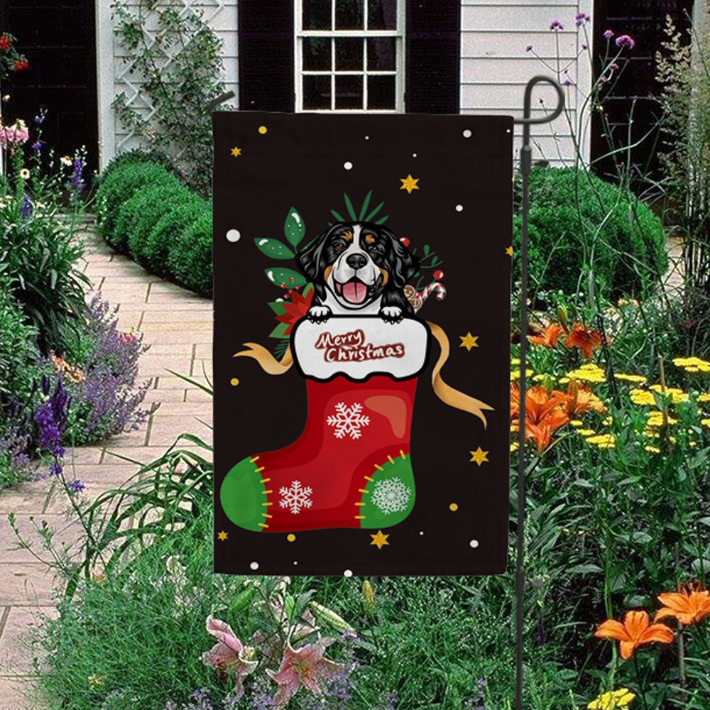 KafePross-Merry Christmas Cute Dog Bernese Mountain in Christmas Sock Garden House Flag