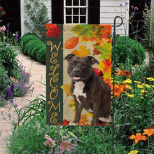 Load image into Gallery viewer, KafePross - Welcome Fall Pitbull Playing in the Maple Leaf Autumn Garden House Flag
