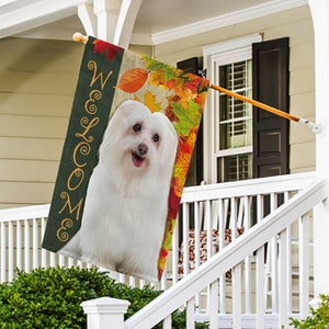 KafePross - Welcome Fall Maltese Playing in the Maple Leaf Autumn Garden House Flag