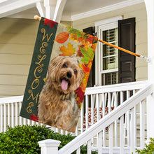 Load image into Gallery viewer, KafePross - Welcome Fall Yorkshire Terrier Yorkie Playing in the Maple Leaf Autumn Garden House Flag
