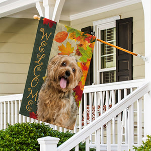 KafePross - Welcome Fall Yorkshire Terrier Yorkie Playing in the Maple Leaf Autumn Garden House Flag