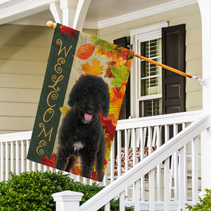 KafePross - Welcome Fall Spanish Water Dog Playing in the Maple Leaf Autumn Garden House Flag