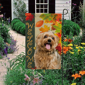 KafePross - Welcome Fall Yorkshire Terrier Yorkie Playing in the Maple Leaf Autumn Garden House Flag