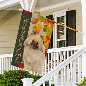 KafePross - Welcome Fall Pomeranian Playing in the Maple Leaf Autumn Garden House Flag