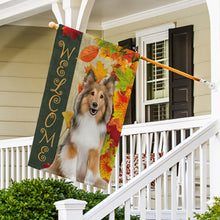 Load image into Gallery viewer, KafePross - Welcome Fall Shetland Sheepdog Playing in the Maple Leaf Autumn Garden House Flag
