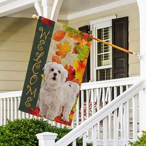 KafePross - Welcome Fall Maltese Poodle Dog Playing in the Maple Leaf Autumn Garden House Flag