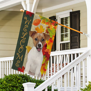 KafePross - Welcome Fall Jack Russell Terrier Playing in the Maple Leaf Autumn Garden House Flag