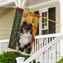 Load image into Gallery viewer, KafePross - Welcome Fall Shetland Sheepdog Playing in the Maple Leaf Autumn Garden House Flag
