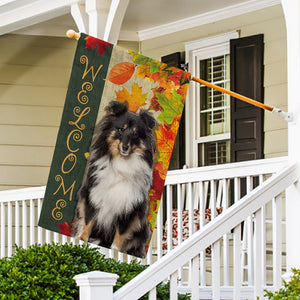 KafePross - Welcome Fall Shetland Sheepdog Playing in the Maple Leaf Autumn Garden House Flag