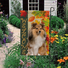 Load image into Gallery viewer, KafePross - Welcome Fall Shetland Sheepdog Playing in the Maple Leaf Autumn Garden House Flag
