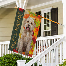 Load image into Gallery viewer, KafePross - Welcome Fall Labradoodle Playing in the Maple Leaf Autumn Garden House Flag
