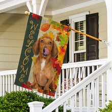 Load image into Gallery viewer, KafePross - Welcome Fall Dachshund Playing in the Maple Leaf Autumn Garden House Flag
