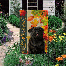 Load image into Gallery viewer, KafePross - Welcome Fall Pug Dog Playing in the Maple Leaf Autumn Garden House Flag
