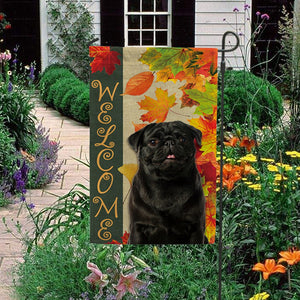 KafePross - Welcome Fall Pug Dog Playing in the Maple Leaf Autumn Garden House Flag