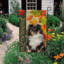 Load image into Gallery viewer, KafePross - Welcome Fall Shetland Sheepdog Playing in the Maple Leaf Autumn Garden House Flag
