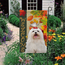 Load image into Gallery viewer, KafePross - Welcome Fall Maltese Playing in the Maple Leaf Autumn Garden House Flag
