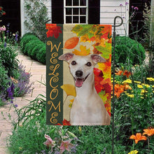 Load image into Gallery viewer, KafePross - Welcome Fall WhipPet Playing in the Maple Leaf Autumn Garden House Flag
