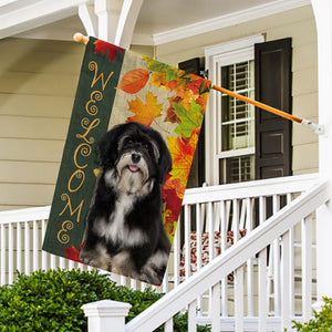 KafePross - Welcome Fall Havanese Playing in the Maple Leaf Autumn Garden House Flag