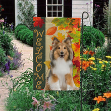 Load image into Gallery viewer, KafePross - Welcome Fall Shetland Sheepdog Playing in the Maple Leaf Autumn Garden House Flag
