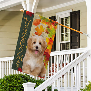 KafePross - Welcome Fall Havanese Playing in the Maple Leaf Autumn Garden House Flag