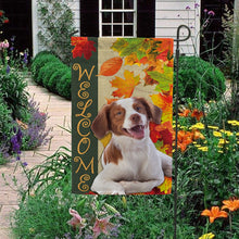 Load image into Gallery viewer, KafePross - Welcome Fall Brittany Dog Playing in the Maple Leaf Autumn Garden House Flag
