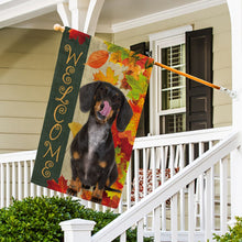 Load image into Gallery viewer, KafePross - Welcome Fall Dachshund Playing in the Maple Leaf Autumn Garden House Flag
