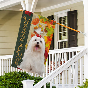 KafePross - Welcome Fall Maltese Playing in the Maple Leaf Autumn Garden House Flag