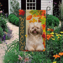 Load image into Gallery viewer, KafePross - Welcome Fall Shih Tzu Playing in the Maple Leaf Autumn Garden House Flag
