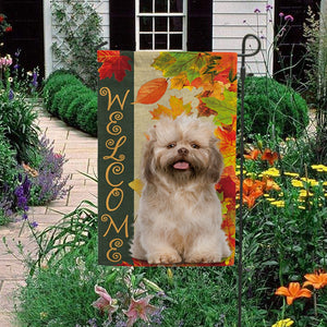 KafePross - Welcome Fall Shih Tzu Playing in the Maple Leaf Autumn Garden House Flag