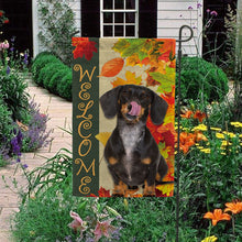 Load image into Gallery viewer, KafePross - Welcome Fall Dachshund Playing in the Maple Leaf Autumn Garden House Flag
