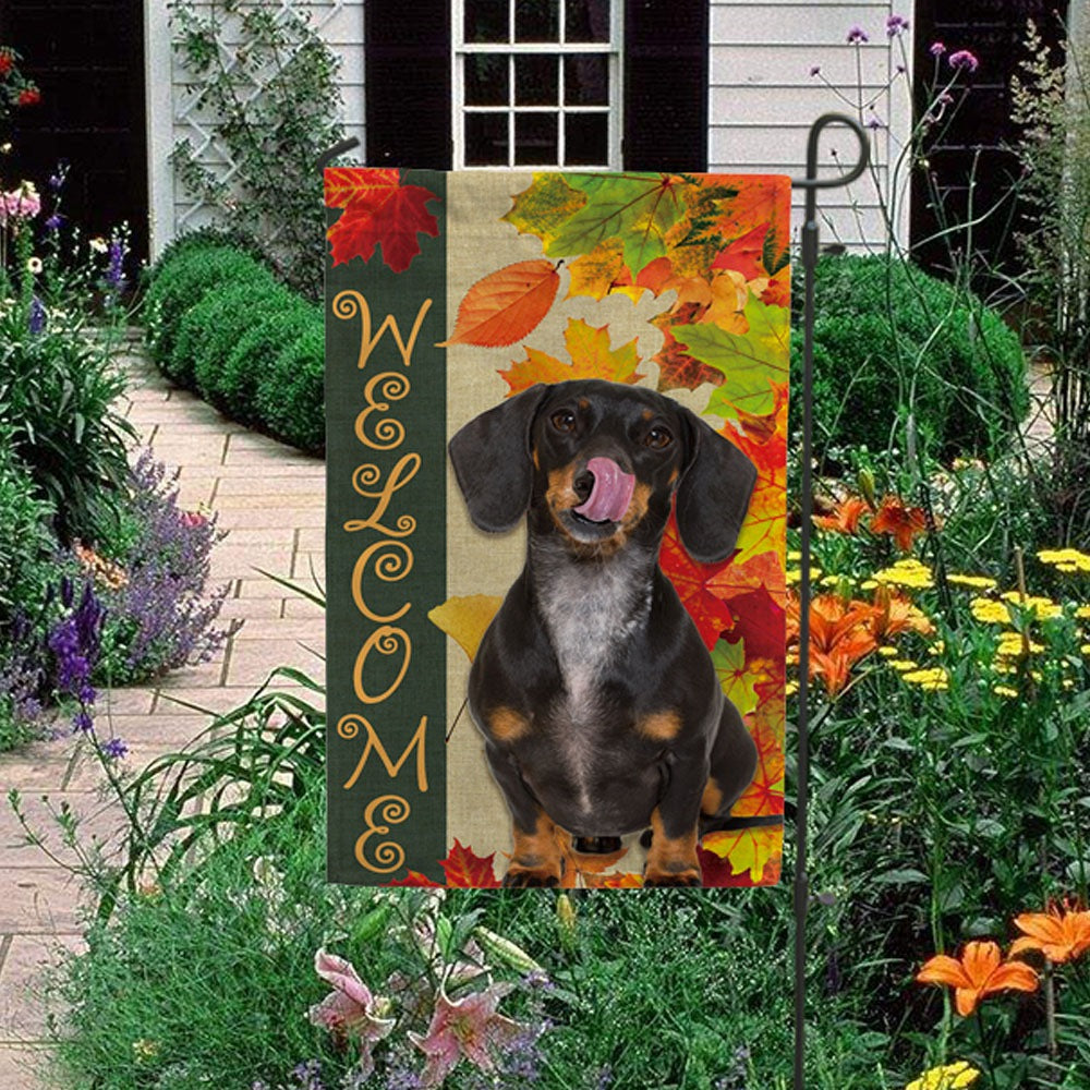 KafePross - Welcome Fall Dachshund Playing in the Maple Leaf Autumn Garden House Flag