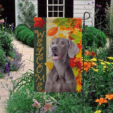 Load image into Gallery viewer, KafePross - Welcome Fall Weimaraner Dog Playing in the Maple Leaf Autumn Garden House Flag
