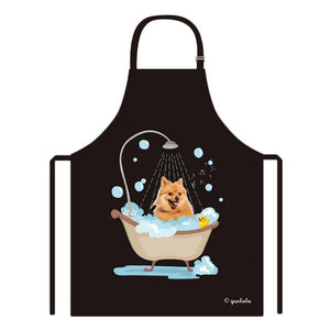 Cute Dog Apron Keeshond Taking Shower in a Bathtub