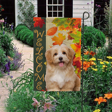 Load image into Gallery viewer, KafePross - Welcome Fall Havanese Playing in the Maple Leaf Autumn Garden House Flag
