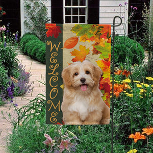 KafePross - Welcome Fall Havanese Playing in the Maple Leaf Autumn Garden House Flag