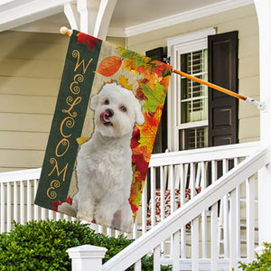 KafePross - Welcome Fall Maltese Playing in the Maple Leaf Autumn Garden House Flag