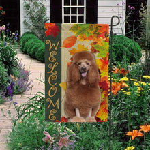 Load image into Gallery viewer, KafePross - Welcome Fall Poodle Playing in the Maple Leaf Autumn Garden House Flag
