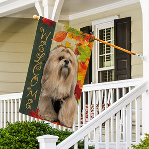 KafePross - Welcome Fall Lhasa Apso Playing in the Maple Leaf Autumn Garden House Flag