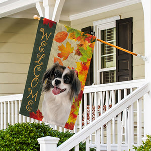 KafePross - Welcome Fall Phalene Papillon Dog Playing in the Maple Leaf Autumn Garden House Flag