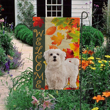 Load image into Gallery viewer, KafePross - Welcome Fall Maltese Poodle Dog Playing in the Maple Leaf Autumn Garden House Flag
