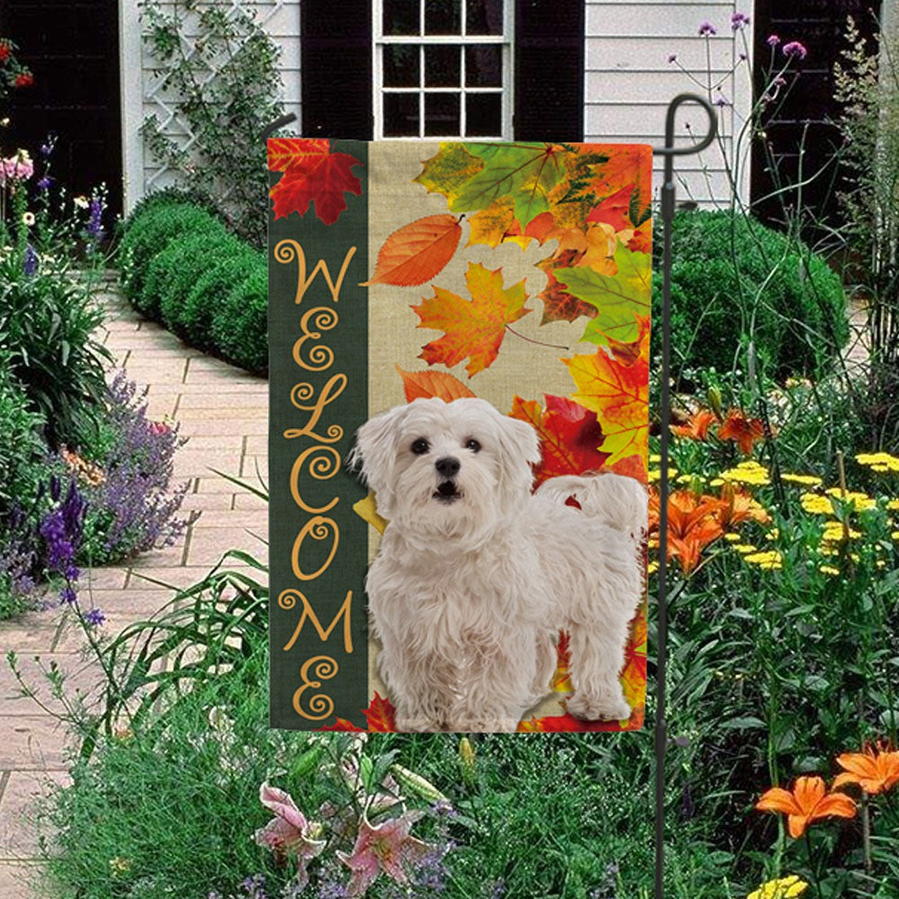 KafePross - Welcome Fall Maltese Poodle Dog Playing in the Maple Leaf Autumn Garden House Flag