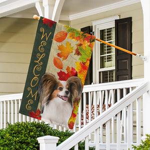 KafePross - Welcome Fall Papillon Playing in the Maple Leaf Autumn Garden House Flag