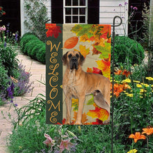 Load image into Gallery viewer, KafePross - Welcome Fall Great Dane Playing in the Maple Leaf Autumn Garden House Flag
