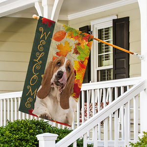 KafePross - Welcome Fall Basset Hound Playing in the Maple Leaf Autumn Garden House Flag