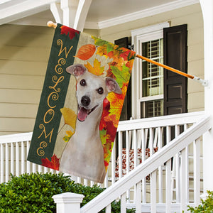 KafePross - Welcome Fall WhipPet Playing in the Maple Leaf Autumn Garden House Flag