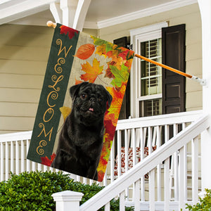 KafePross - Welcome Fall Pug Dog Playing in the Maple Leaf Autumn Garden House Flag