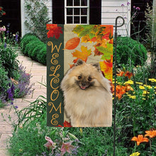 Load image into Gallery viewer, KafePross - Welcome Fall Pomeranian Playing in the Maple Leaf Autumn Garden House Flag
