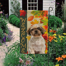 Load image into Gallery viewer, KafePross - Welcome Fall Shih Tzu Playing in the Maple Leaf Autumn Garden House Flag
